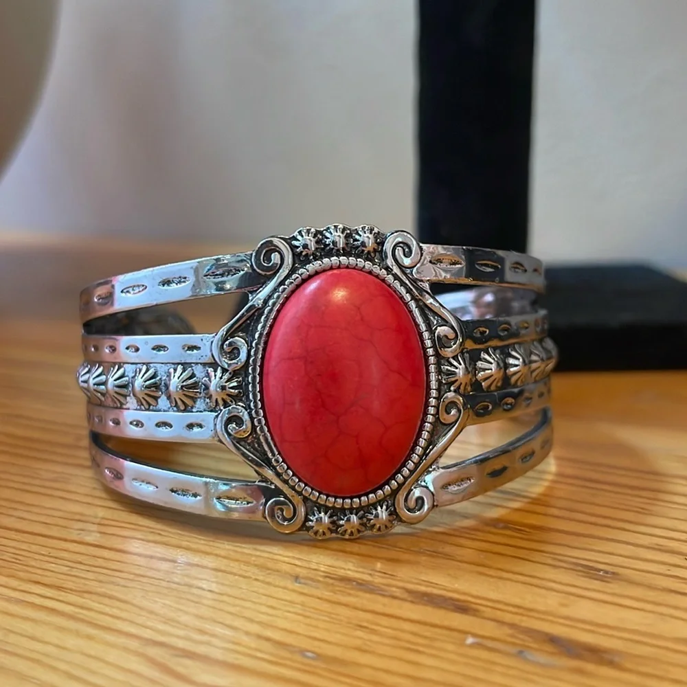 Red Stone Silver Cuff Bracelet